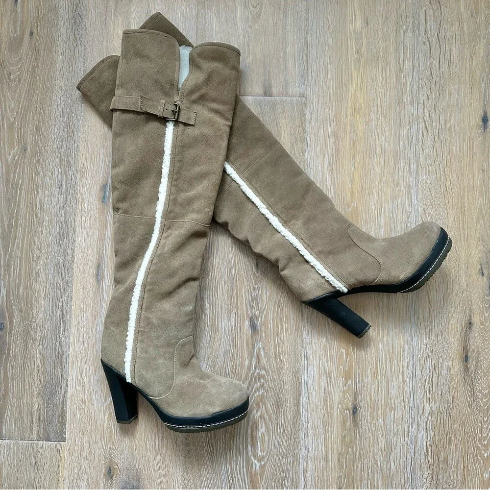 Kelsi Dagger Rozelle Genuine Suede Leather Over the Knee Boots Tan Faux Fur - 7